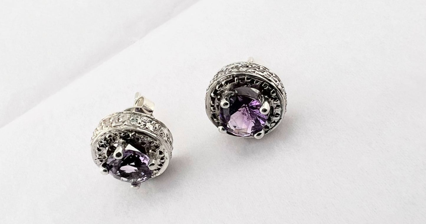 Sterling Silver Amethyst Stud Earrings with Beaded Halo