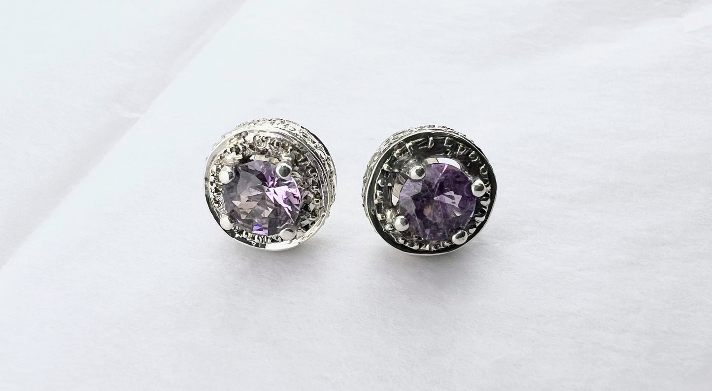 Sterling Silver Amethyst Stud Earrings with Beaded Halo