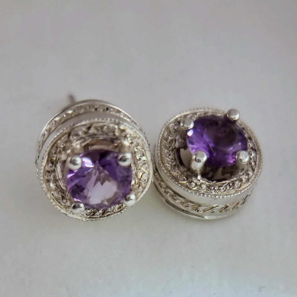 Amethyst Stud Earrings in Textured Sterling Silver