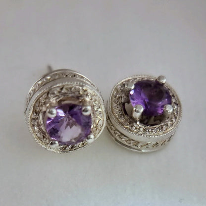 Amethyst Stud Earrings in Textured Sterling Silver