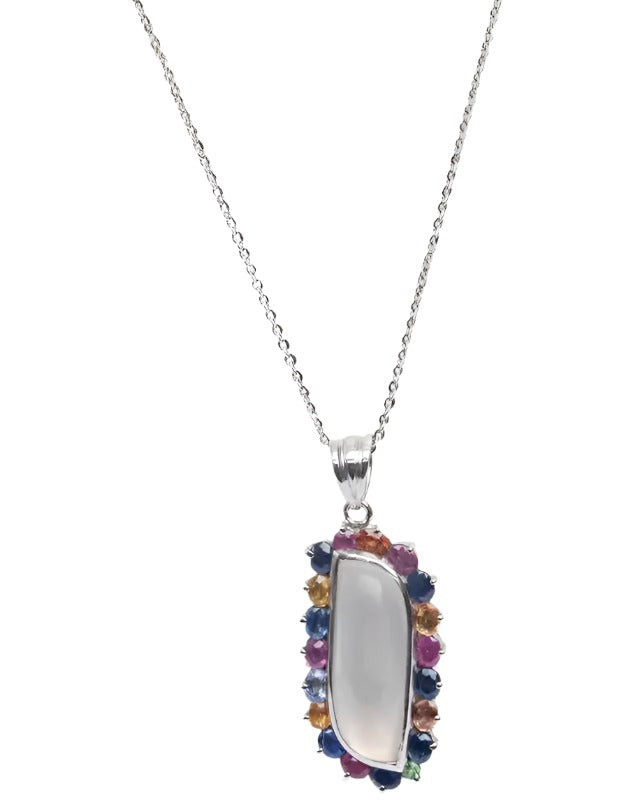 a necklace with a white stone surrounded by multicolored stones