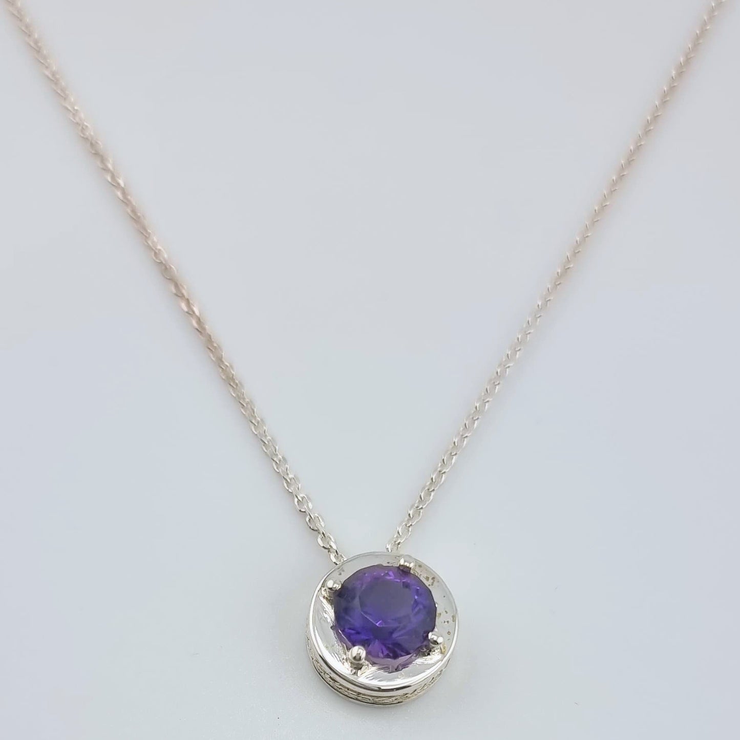 Natural Round Amethyst Necklace Pendant Textured Sterling Silver