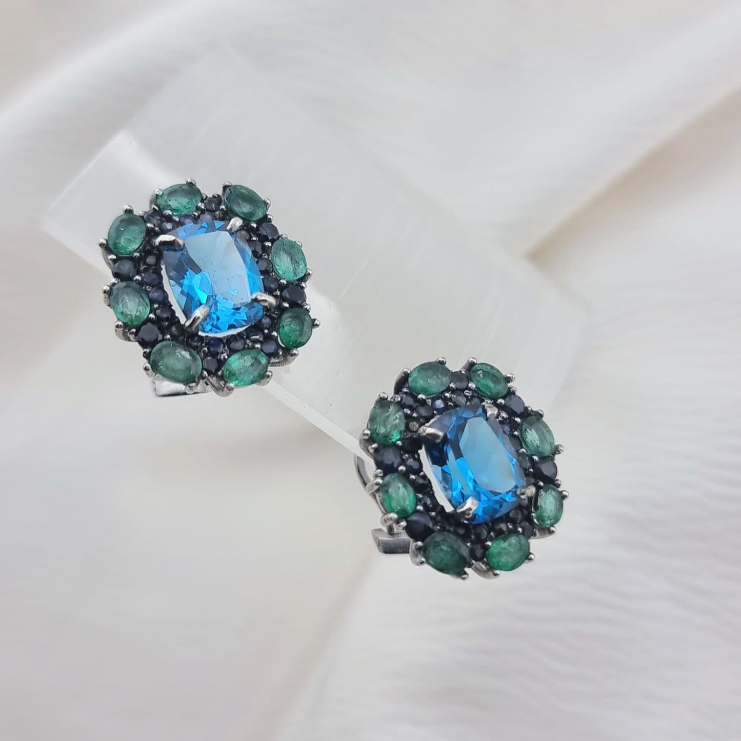 Custom Platinum Blue Topaz Natural Emerald & Sapphire Lever-Back Earring