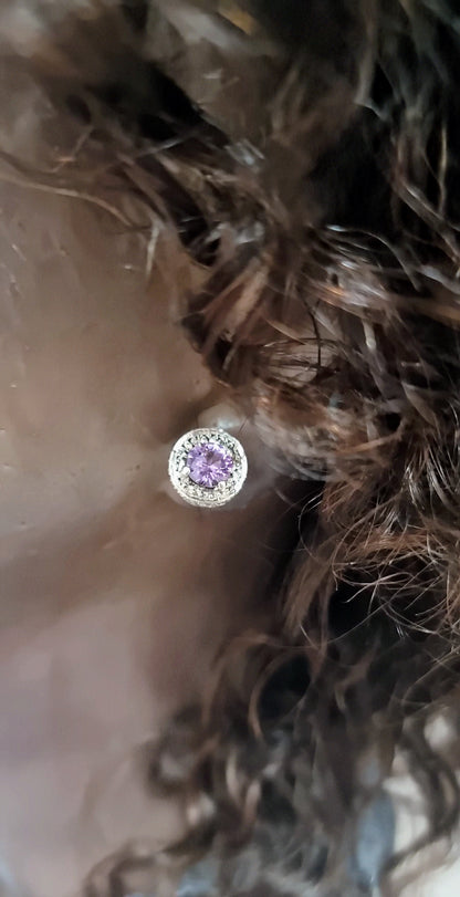 Sterling Silver Amethyst Stud Earrings with Beaded Halo