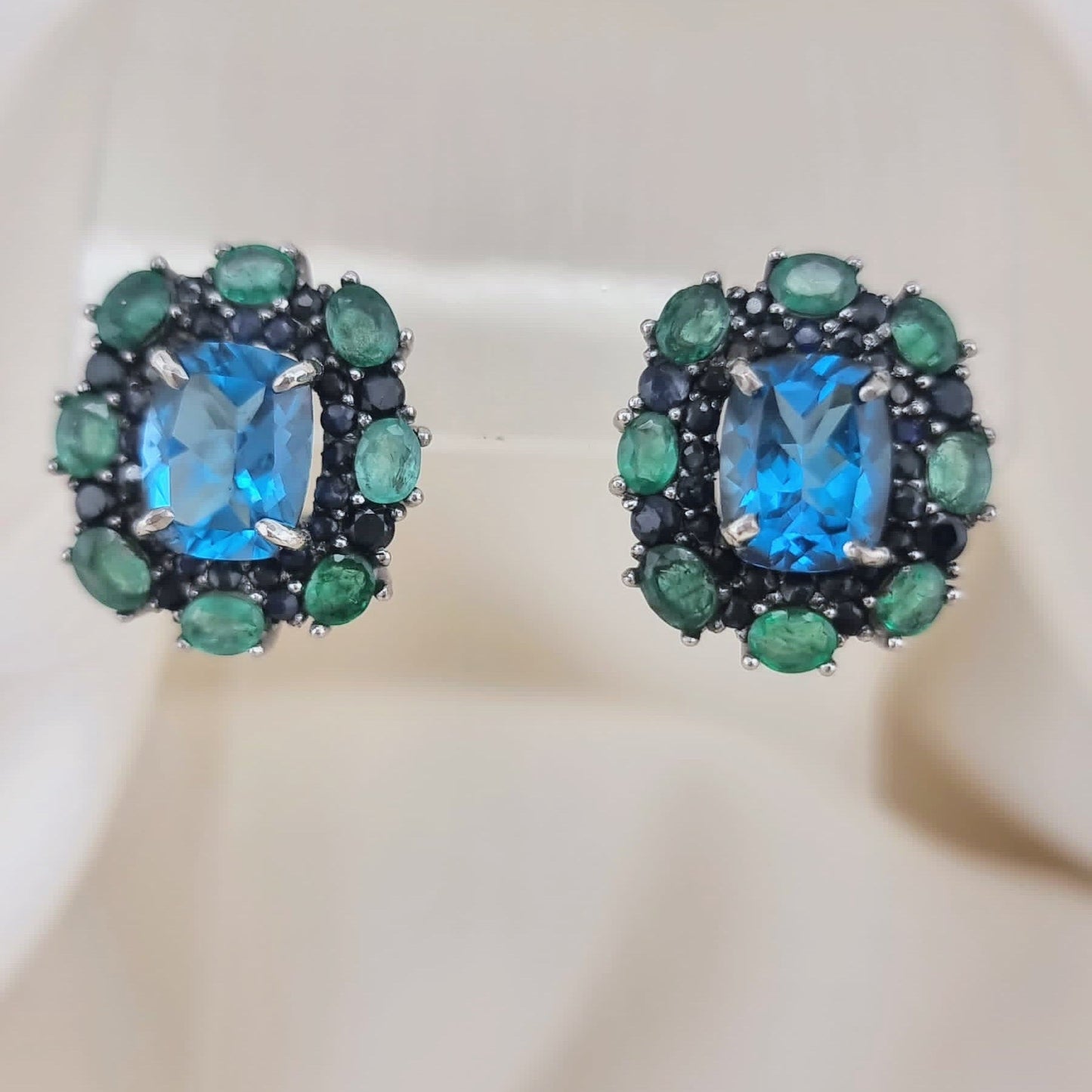 Custom Platinum Blue Topaz Natural Emerald & Sapphire Lever-Back Earring