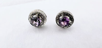 Sterling Silver Amethyst Stud Earrings with Beaded Halo