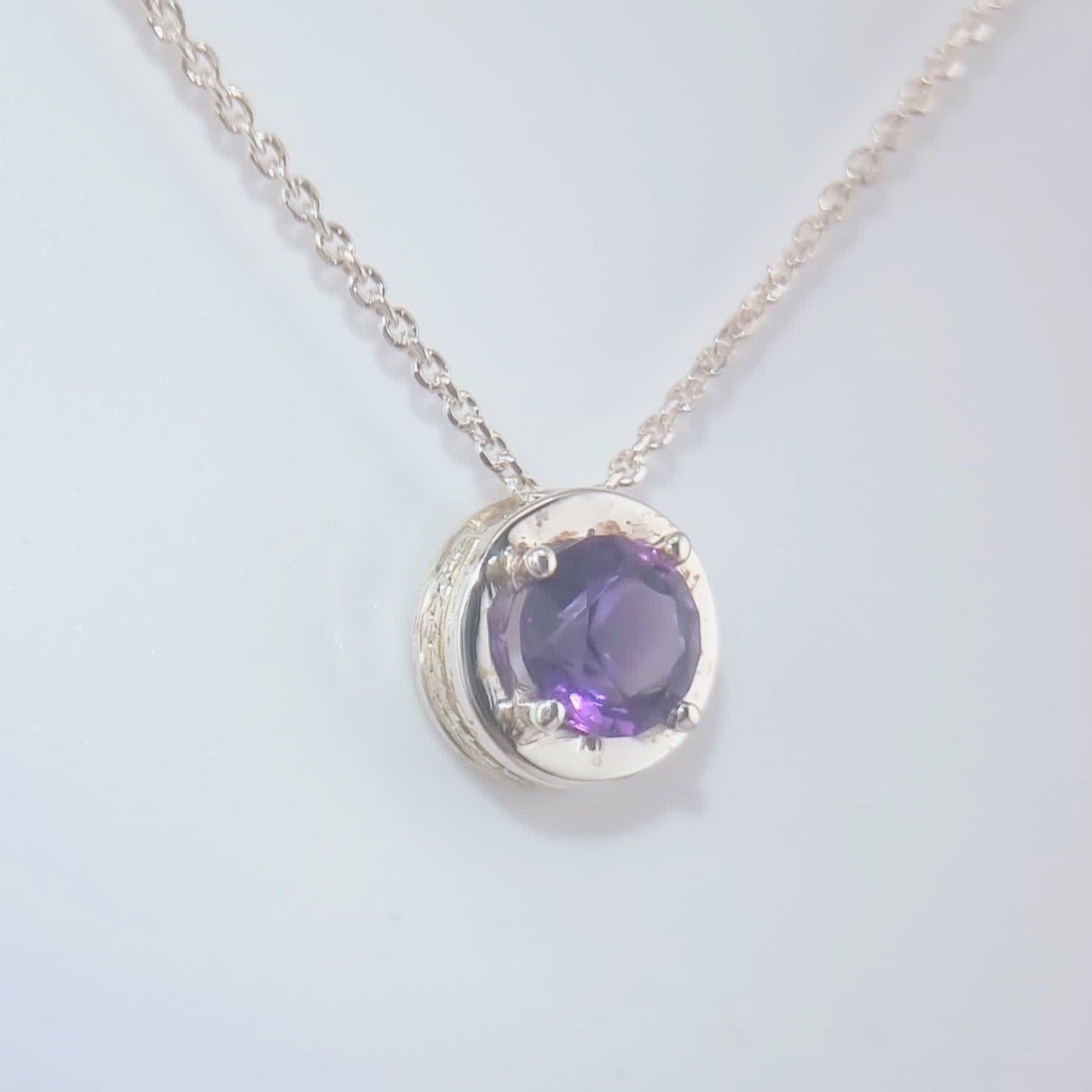 Natural Round Amethyst Necklace Pendant Textured Sterling Silver