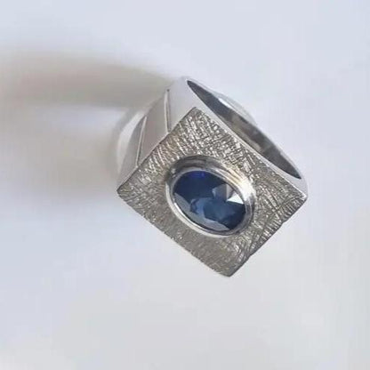 2.34ct Oval Deep Blue Sapphire Rhodium Sterling Silver Signet Ring