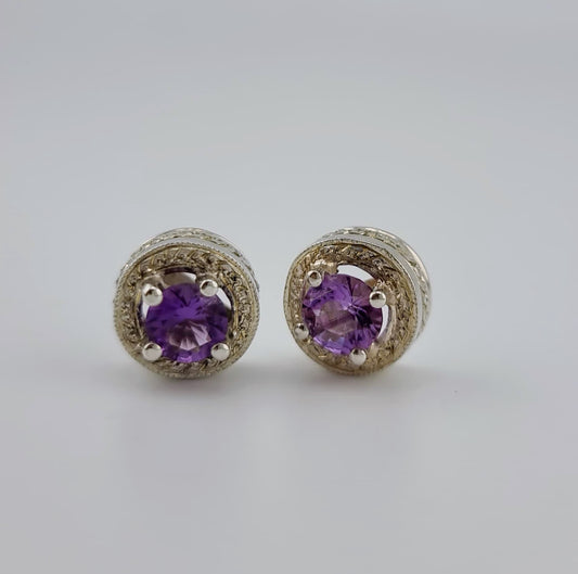 Amethyst Stud Earrings in Textured Sterling Silver