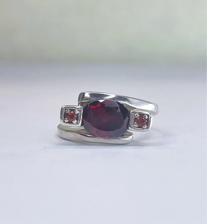 2ct Oval Rhodolite Red Garnet Silver 3 stone Ring