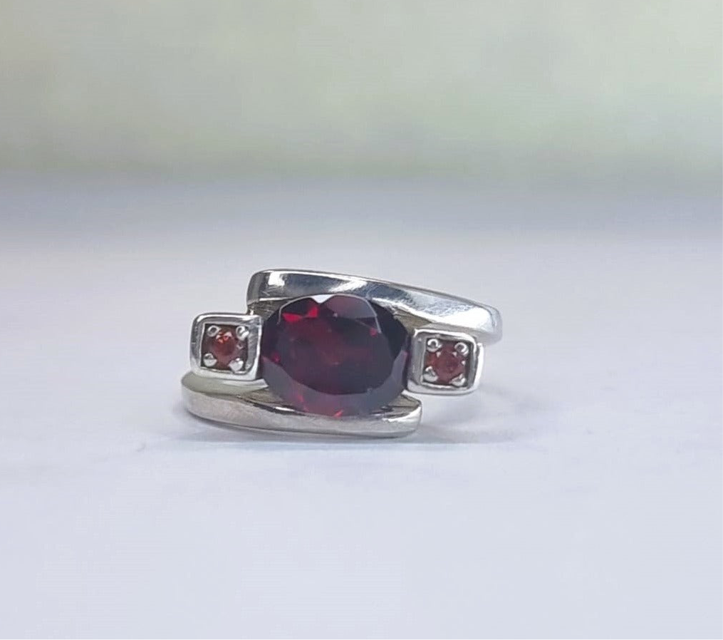 2ct Oval Rhodolite Red Garnet Silver 3 stone Ring