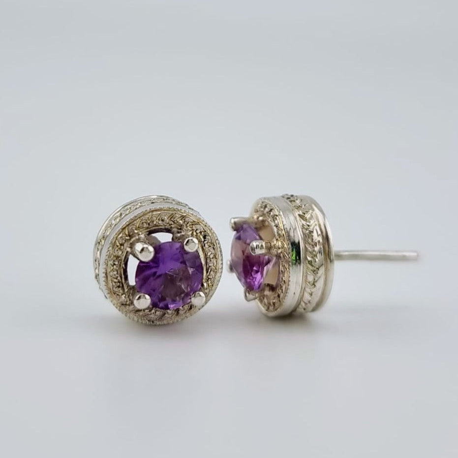 Amethyst Stud Earrings in Textured Sterling Silver