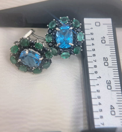 Custom Platinum Blue Topaz Natural Emerald & Sapphire Lever-Back Earring