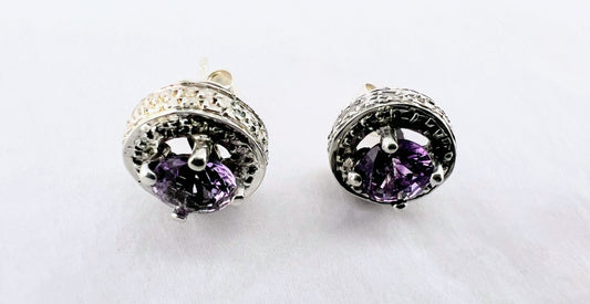 Sterling Silver Amethyst Stud Earrings with Beaded Halo