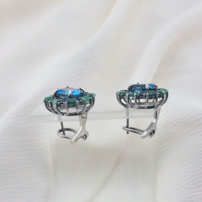 Custom Platinum Blue Topaz Natural Emerald & Sapphire Lever-Back Earring