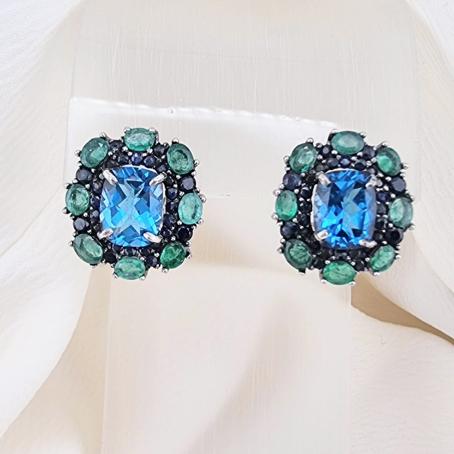 Custom Platinum Blue Topaz Natural Emerald & Sapphire Lever-Back Earring