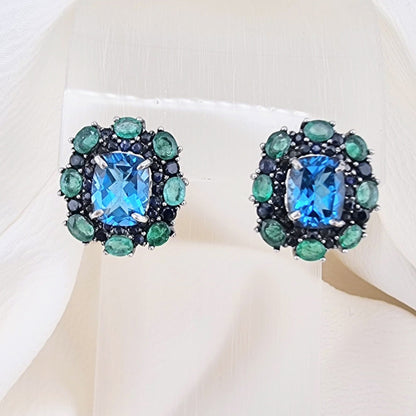 Custom Platinum Blue Topaz Natural Emerald & Sapphire Lever-Back Earring