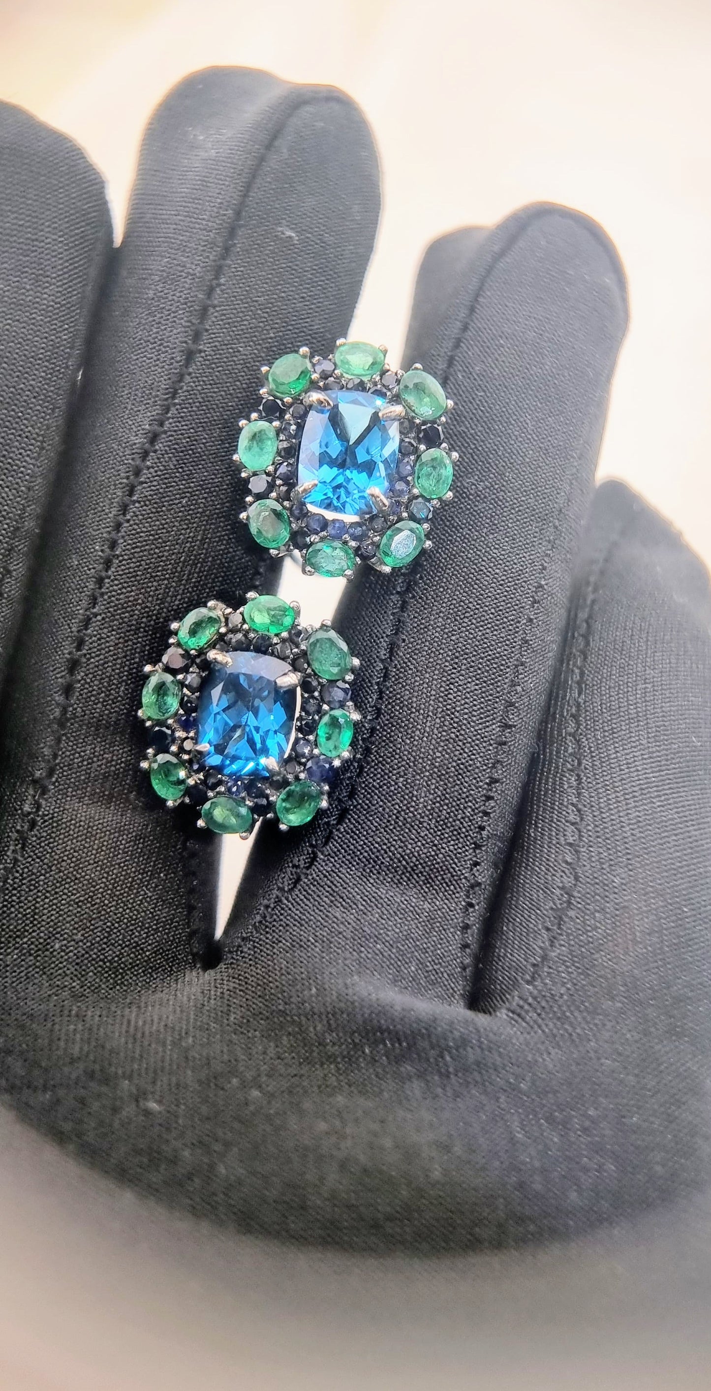 Custom Platinum Blue Topaz Natural Emerald & Sapphire Lever-Back Earring