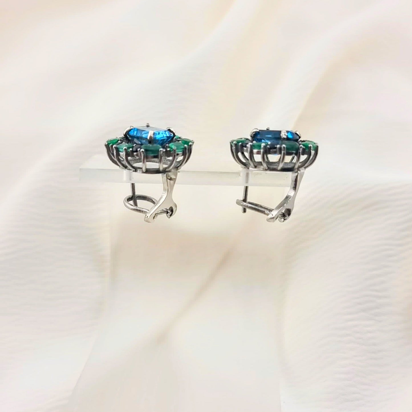 Custom Platinum Blue Topaz Natural Emerald & Sapphire Lever-Back Earring