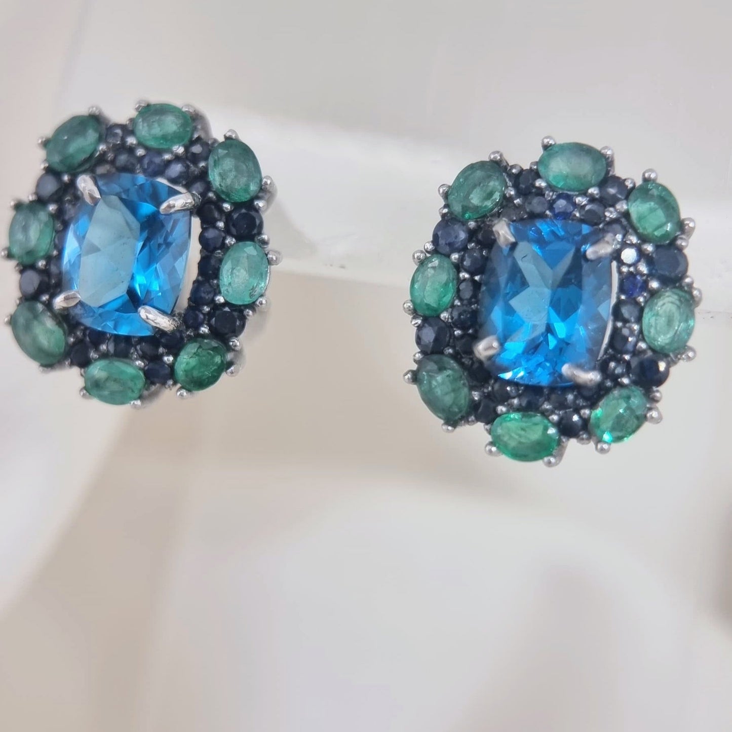 Custom Platinum Blue Topaz Natural Emerald & Sapphire Lever-Back Earring