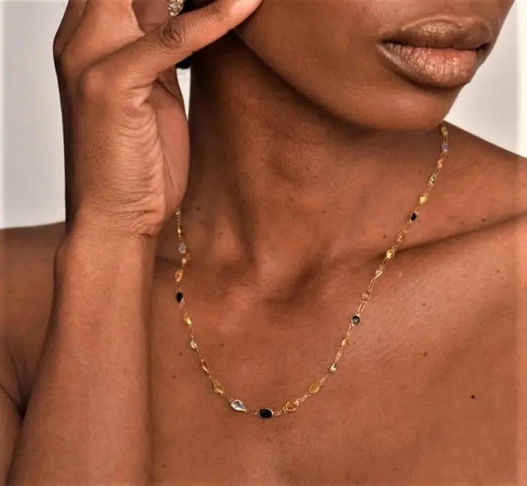 model wearing 13ctw Natural Multi Color Sapphire and Emerald 18k Yellow Gold Dainty Link Necklace, facing forward,closeup