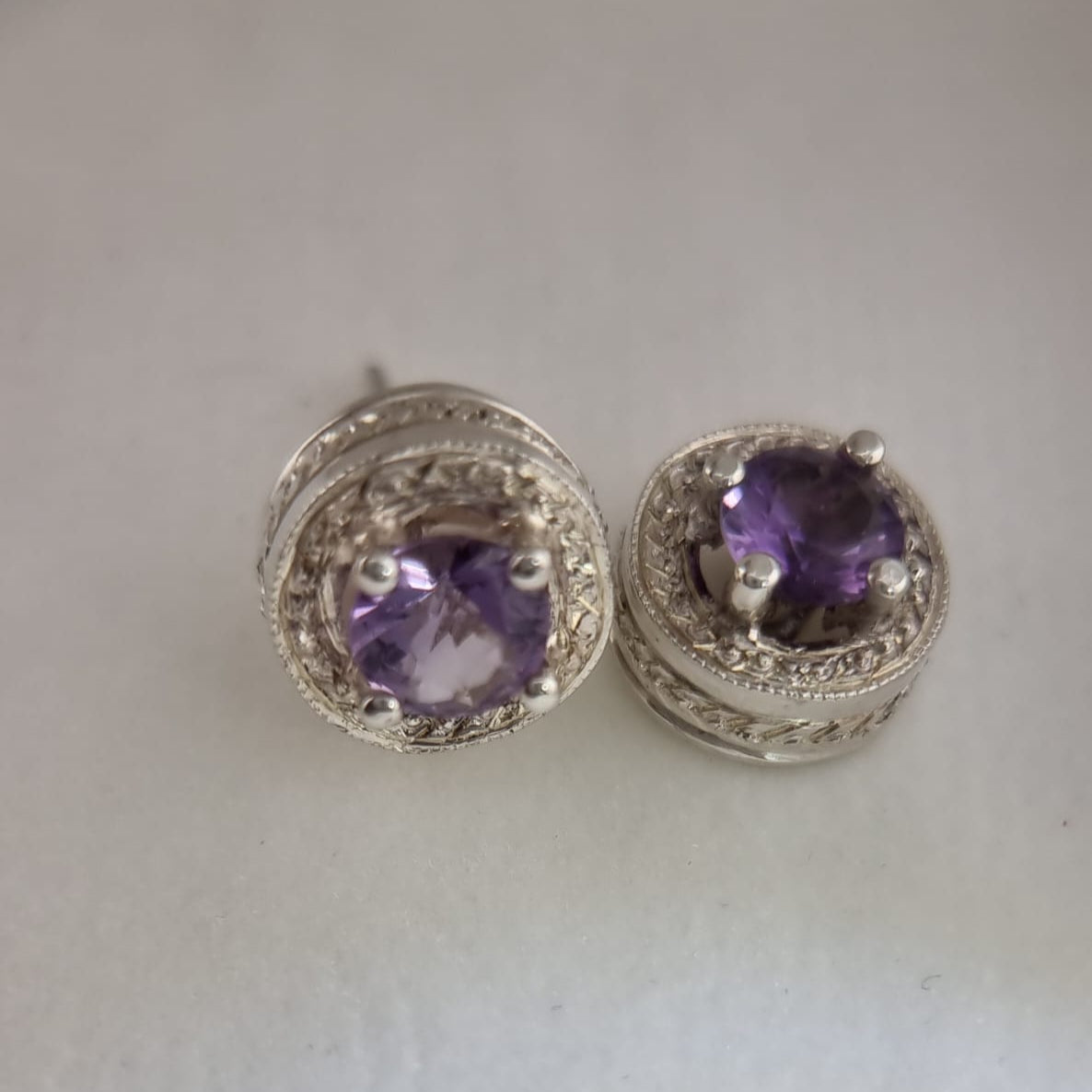 Amethyst Stud Earrings in Textured Sterling Silver