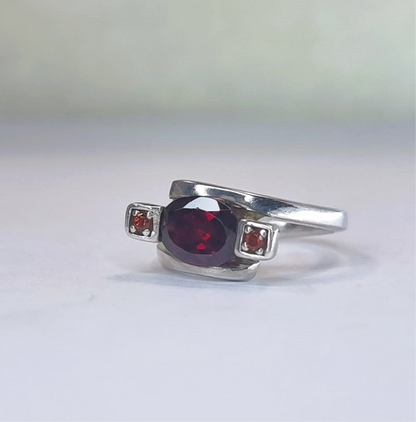 2ct Oval Rhodolite Red Garnet Silver 3 stone Ring