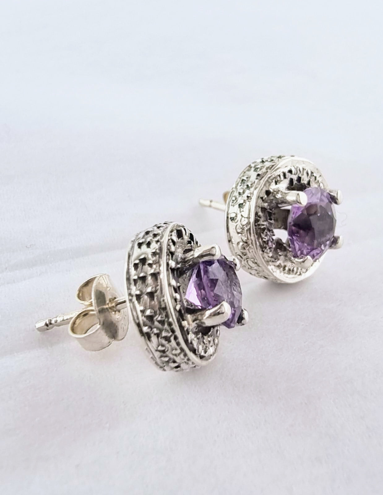 Sterling Silver Amethyst Stud Earrings with Beaded Halo