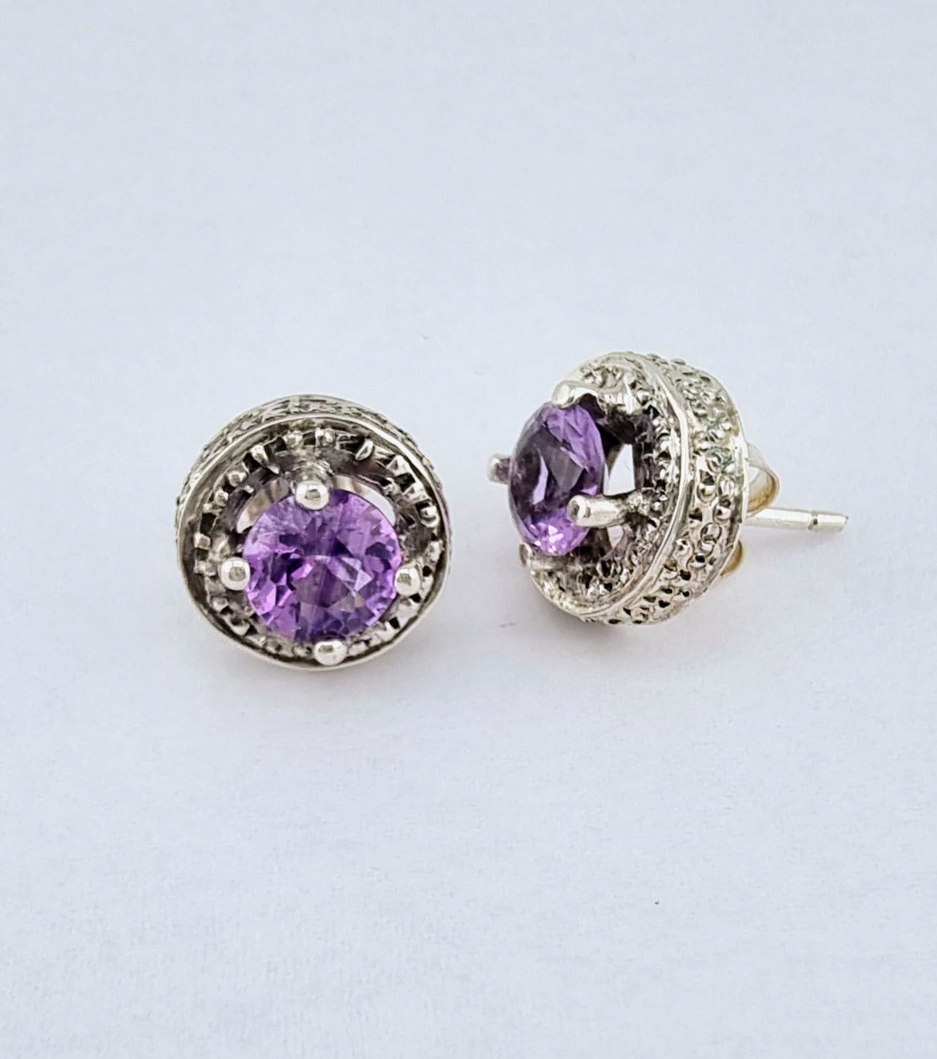 Sterling Silver Amethyst Stud Earrings with Beaded Halo