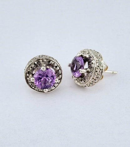 Sterling Silver Amethyst Stud Earrings with Beaded Halo