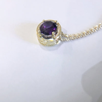 Natural Round Amethyst Necklace Pendant Textured Sterling Silver