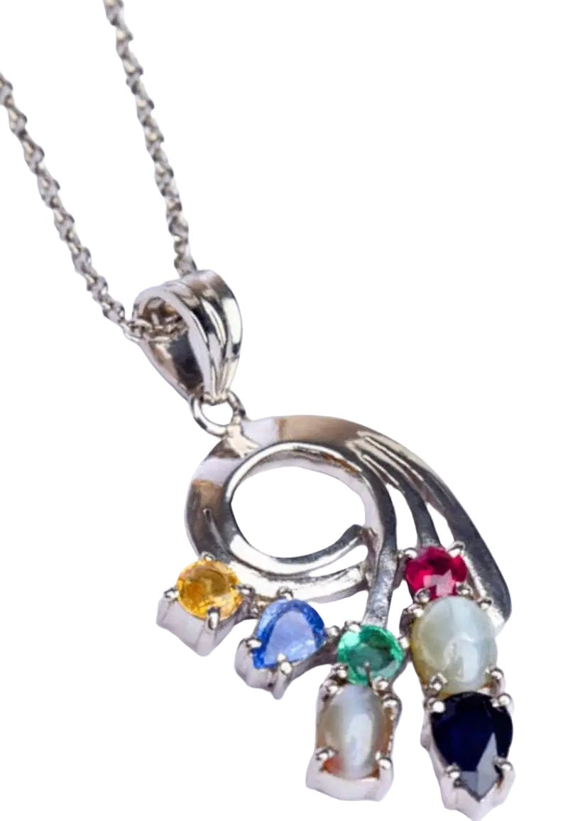 Multi-Gem Platinum Silver Pendant Necklace-Sapphire  