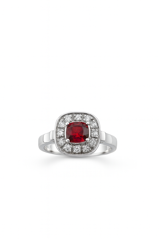 Cushion Red Garnet Halo Ring