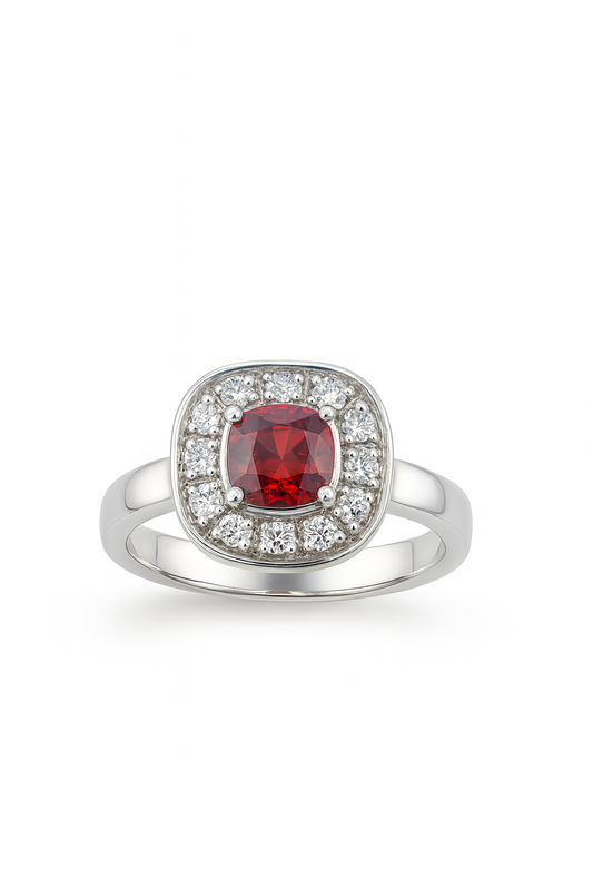 Cushion Red Garnet Halo Ring