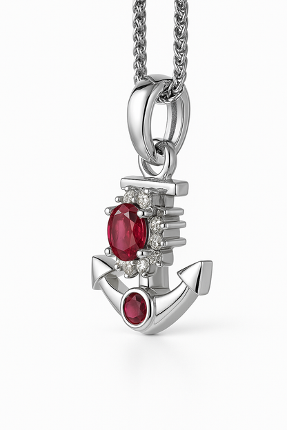 Natural Ruby & Diamond Anchor Pendant Necklace in Platinum Coated Silver - Handmade