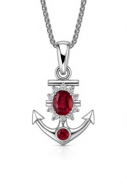 Natural Ruby & Diamond Anchor Pendant Necklace in Platinum Coated Silver - Handmade