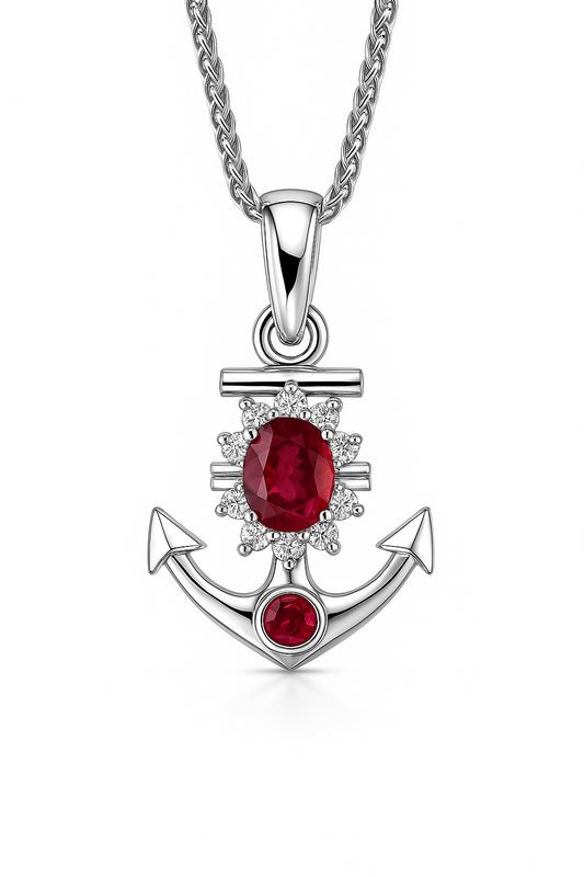 Natural Ruby & Diamond Anchor Pendant Necklace in Platinum Coated Silver - Handmade