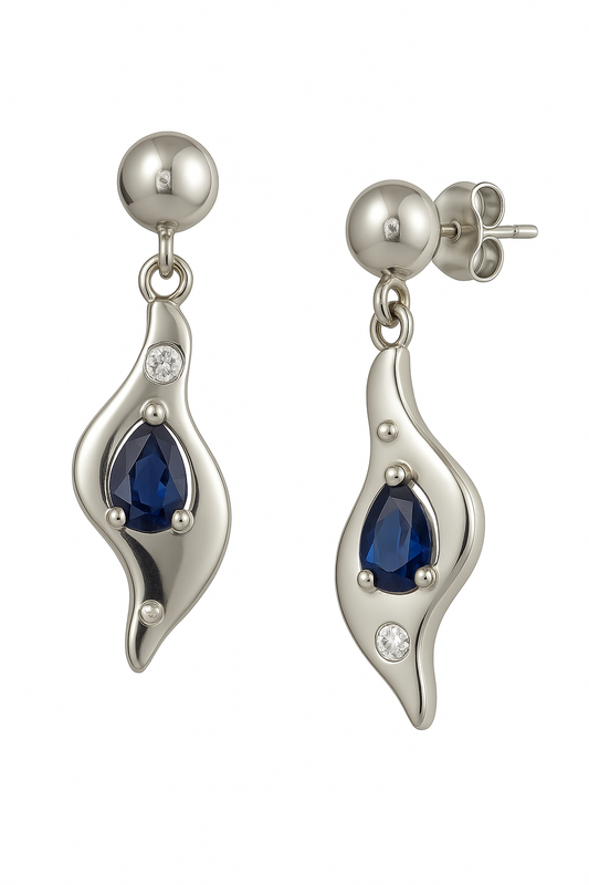 1ct Pear shaped Blue Sapphire Platinum Silver Pin Earrings