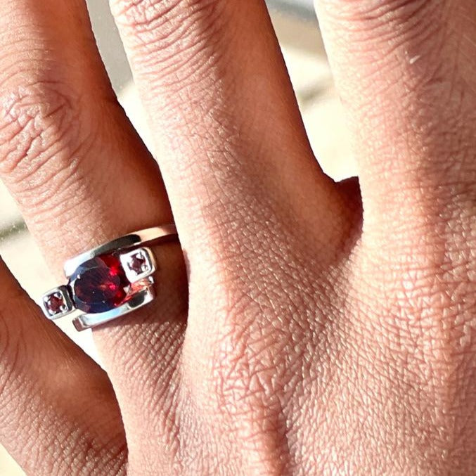 2ct Oval Rhodolite Red Garnet Silver 3 stone Ring