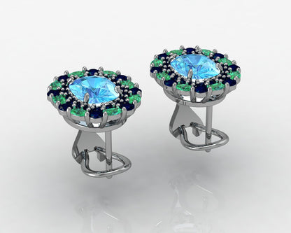 Custom Swiss Blue Topaz Emerald and Sapphire Lever-Back Platinum Earrings