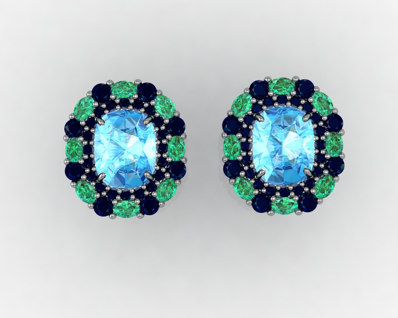 Custom Swiss Blue Topaz Emerald and Sapphire Lever-Back Platinum Earrings