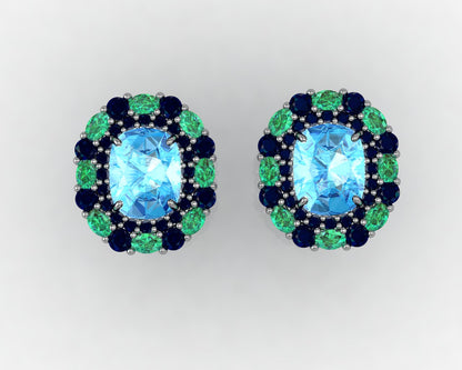 Custom Swiss Blue Topaz Emerald and Sapphire Lever-Back Platinum Earrings