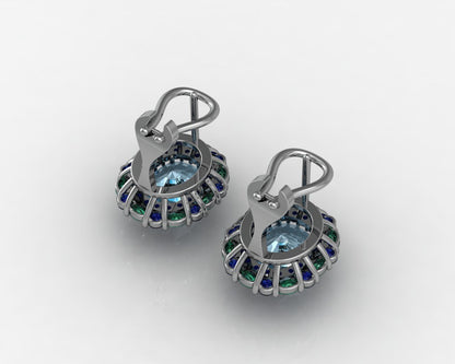 Custom Swiss Blue Topaz Emerald and Sapphire Lever-Back Platinum Earrings