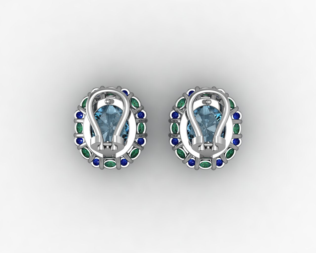 Custom Swiss Blue Topaz Emerald and Sapphire Lever-Back Platinum Earrings