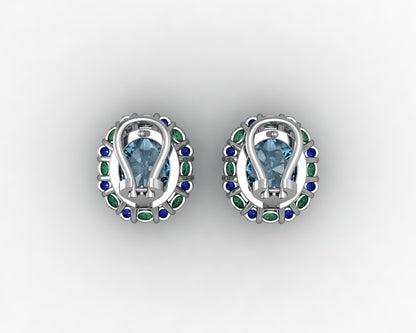 Custom Swiss Blue Topaz Emerald and Sapphire Lever-Back Platinum Earrings