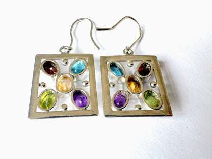 5ctw Natural Multi Gemstone Citrine Amethyst Peridot Garnet Square Drop Earrings