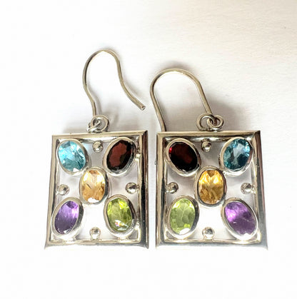 5ctw Natural Multi Gemstone Citrine Amethyst Peridot Garnet Square Drop Earrings