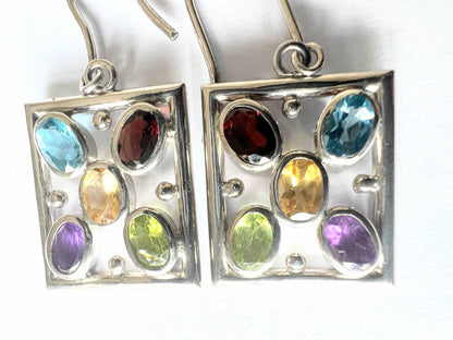 5ctw Natural Multi Gemstone Citrine Amethyst Peridot Garnet Square Drop Earrings