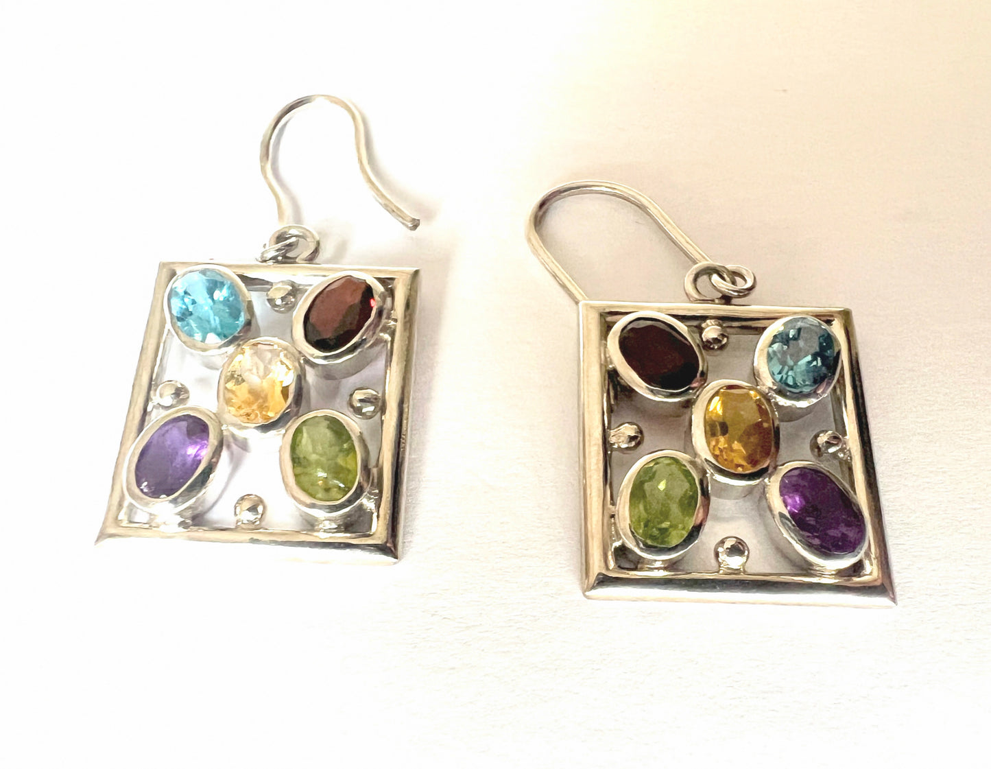 5ctw Natural Multi Gemstone Citrine Amethyst Peridot Garnet Square Drop Earrings