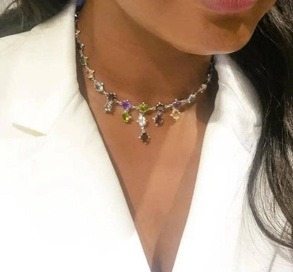 model wearing20ctw Yellow Tourmaline, Peridot, Garnet, Topaz, Amethyst Gemstone choker Necklace, closeup